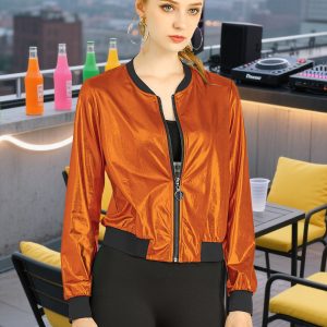 Holographic Shimmering Metallic Lightweight Bomber Jacket Orange/XS - Allegra K catalog