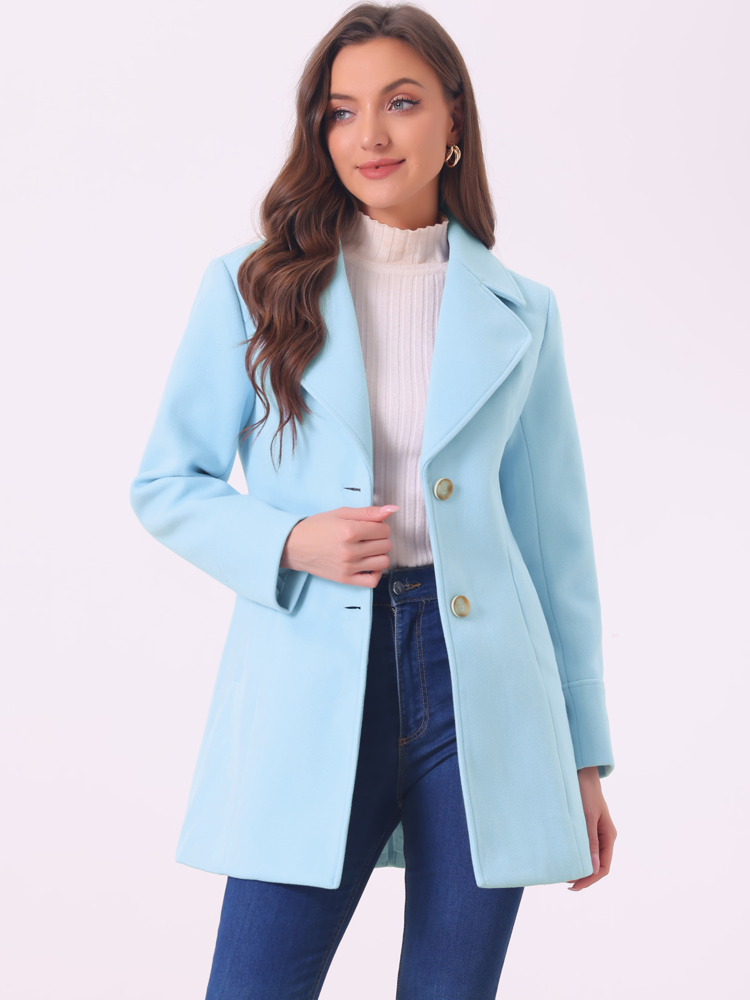 Elegant Notched Shawl Collar Single Breasted Winter Long Coat Light Blue/L - Allegra K catalog