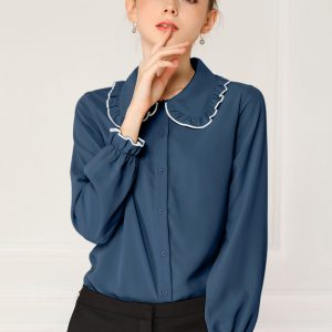Sweet Ruffle Peter Pan Collar Long Sleeve Button Up Shirt Royal Blue/XS - Allegra K catalog