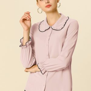 Sweet Ruffle Peter Pan Collar Long Sleeve Button Up Shirt Pink/XL - Allegra K catalog