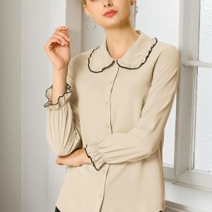 Sweet Ruffle Peter Pan Collar Long Sleeve Button Up Shirt Apricot/L - Allegra K catalog