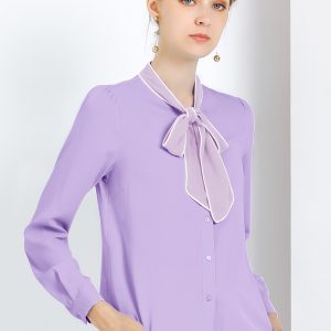 Tie Neck Contrast Color Button Down Long Sleeve Shirt Light Purple/S - Allegra K catalog