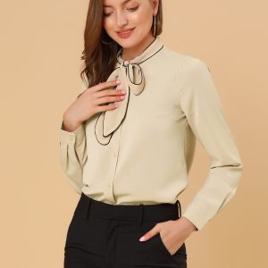 Tie Neck Contrast Color Button Down Long Sleeve Shirt Apricot/L - Allegra K catalog