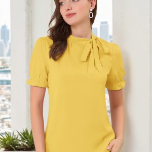 Bow Tie Neck Elegant Office Short Sleeve Blouse Yellow/XS - Allegra K catalog