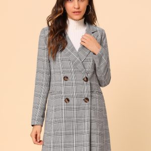 Double Breasted Notched Lapel Plaid Trench Blazer Coat White Black/XL - Allegra K catalog