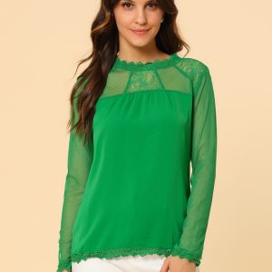Lace Mesh Long Sleeve Top Round Neck Casual Elegant Blouse Green/XS - Allegra K catalog