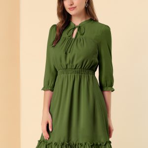 Ruffle Hem 3/4 Sleeve A-Line Smocked Short Chiffon Dress Army Green/S - Allegra K catalog