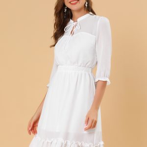 Ruffle Hem 3/4 Sleeve A-Line Smocked Midi Chiffon Dress White/XL - Allegra K catalog