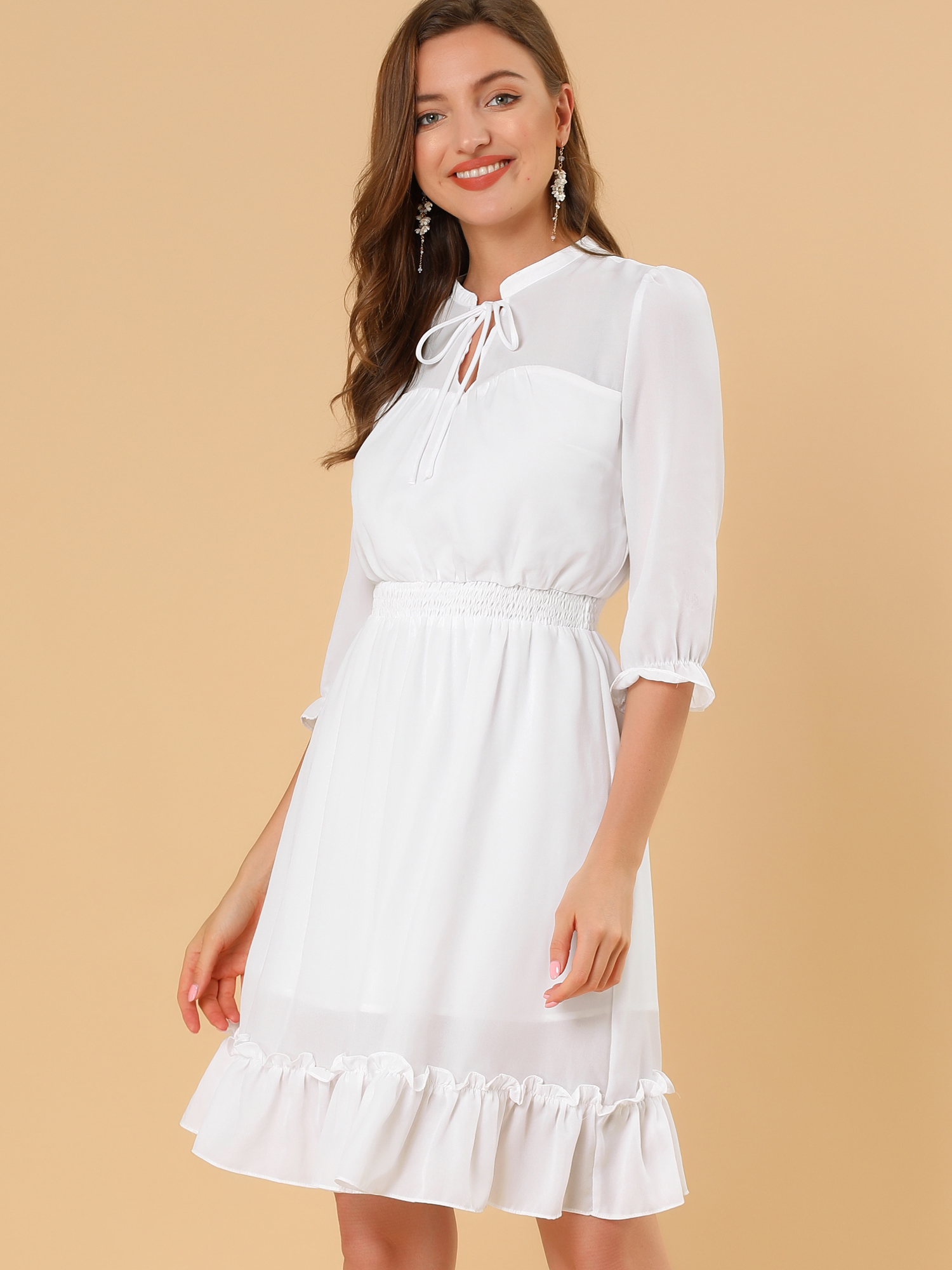 Ruffle Hem 3/4 Sleeve A-Line Smocked Midi Chiffon Dress White/XL - Allegra K catalog