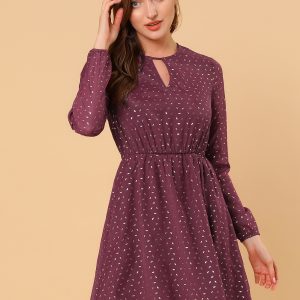 Choker V Neck Flared Gilding Metallic Shiny Star A-Line Dress Burgundy/XL - Allegra K catalog