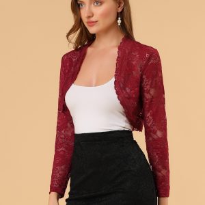 Elegant Sheer Floral Lace Cropped Bolero Shrugs Dark Red/XL - Allegra K catalog