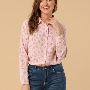 Button Down Floral Long Sleeve Point Collar Blouse Light Pink/S - Allegra K catalog