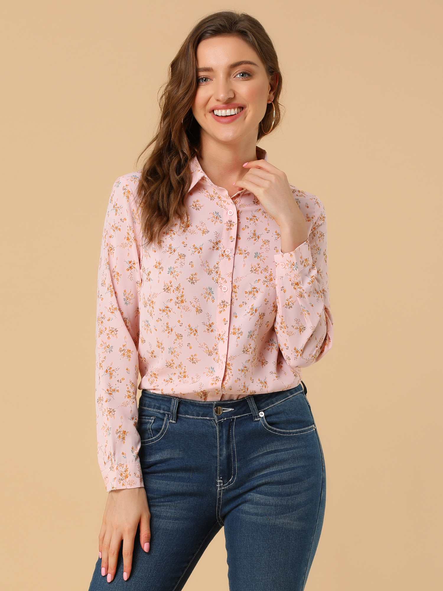 Button Down Floral Long Sleeve Point Collar Blouse Light Pink/S - Allegra K catalog