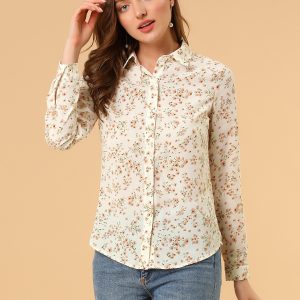 Button Down Floral Shirt Blouse Long Sleeve Point Collar Top White/XL - Allegra K catalog