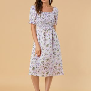 Square Neck Puff Sleeve Shirred Floral Casual Midi Dress Purple/L - Allegra K catalog