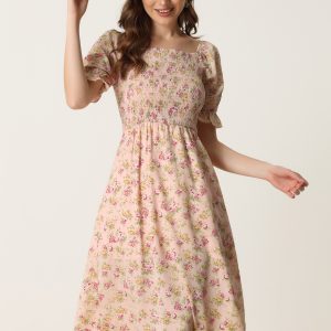 Square Neck Puff Sleeve Shirred Floral Casual Midi Dress Pink/S - Allegra K catalog
