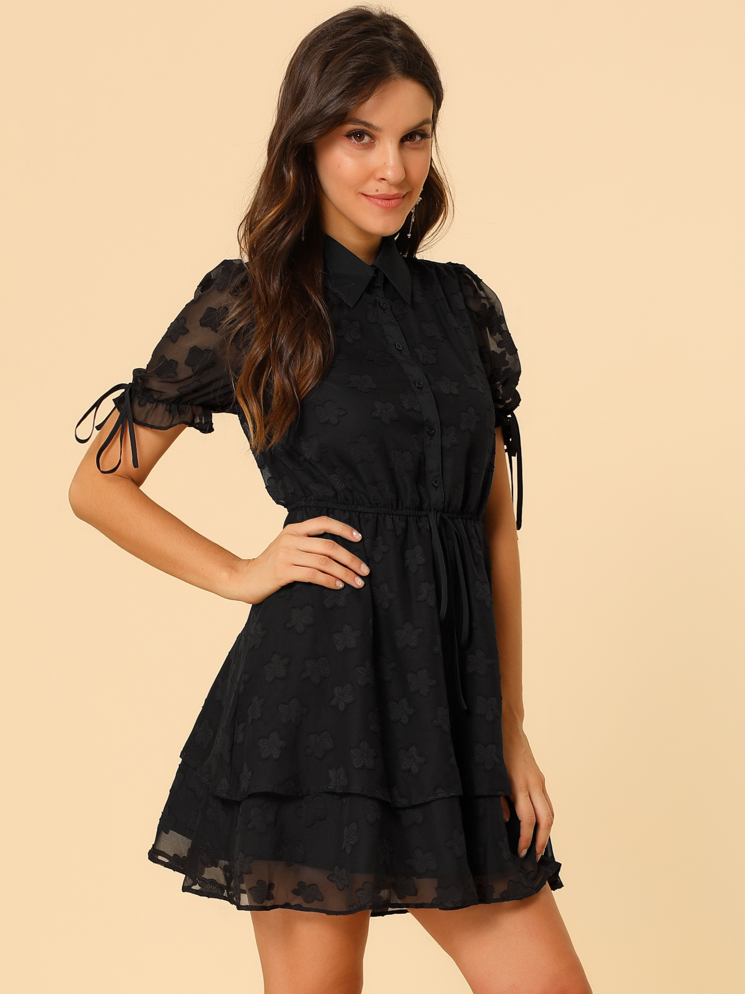 Peter Pan Collar Floral Drawstring Chiffon Layered Dress Black/XS - Allegra K catalog