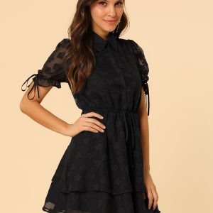 Peter Pan Collar Floral Drawstring Chiffon Layered Dress Black/S - Allegra K catalog