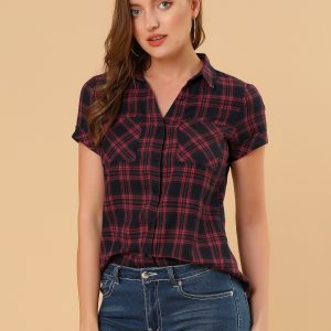 Cotton Classic Button Down Plaid Short Sleeve Shirt Red Black/L - Allegra K catalog