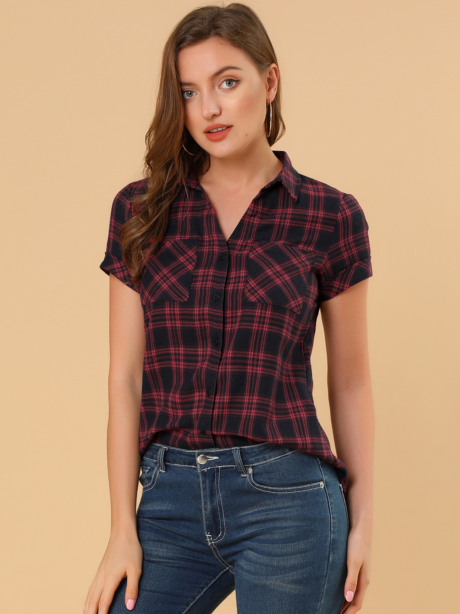 Cotton Classic Button Down Plaid Short Sleeve Shirt Red Black/L - Allegra K catalog