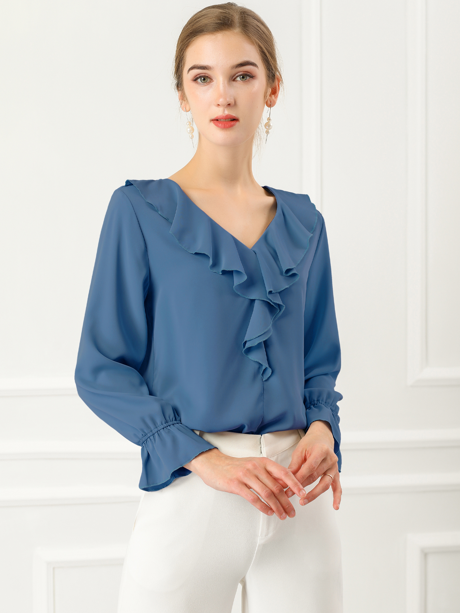 Ruffle Neck Gathered Cuff Long Sleeves Blouse Dusty Blue/XS - Allegra K catalog