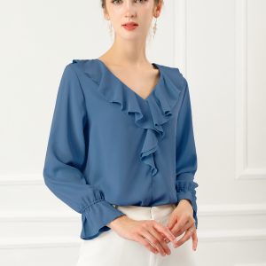 Ruffle Neck Gathered Cuff Long Sleeves Blouse Dusty Blue/XL - Allegra K catalog