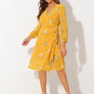 Chiffon Floral V Neck Tie Waist Bishop Sleeve Casual Wrap Midi Dress Yellow/M - Allegra K catalog