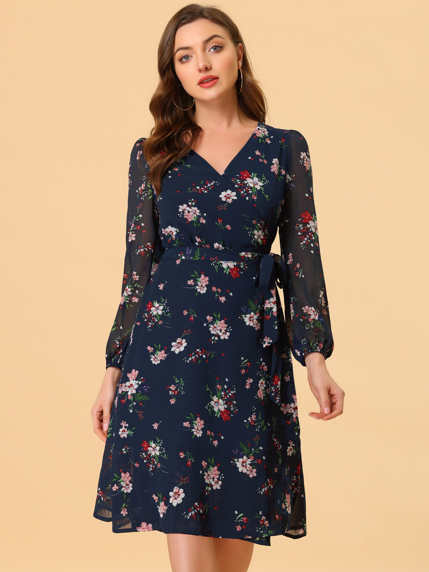 Chiffon Floral V Neck Tie Waist Bishop Sleeve Casual Wrap Midi Dress Dark Blue/XS - Allegra K catalog