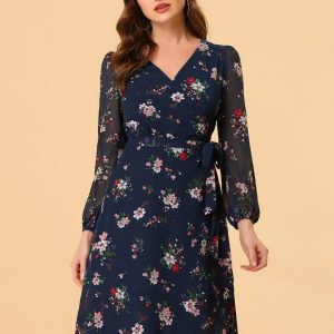 Chiffon Floral V Neck Tie Waist Bishop Sleeve Casual Wrap Midi Dress Dark Blue/S - Allegra K catalog
