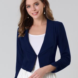 Notched Lapel Ruched Sleeve Business Cropped Jacket Blazer Dark Blue/L - Allegra K catalog