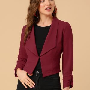 Notched Lapel Ruched Sleeve Business Cropped Jacket Blazer Burgundy/S - Allegra K catalog