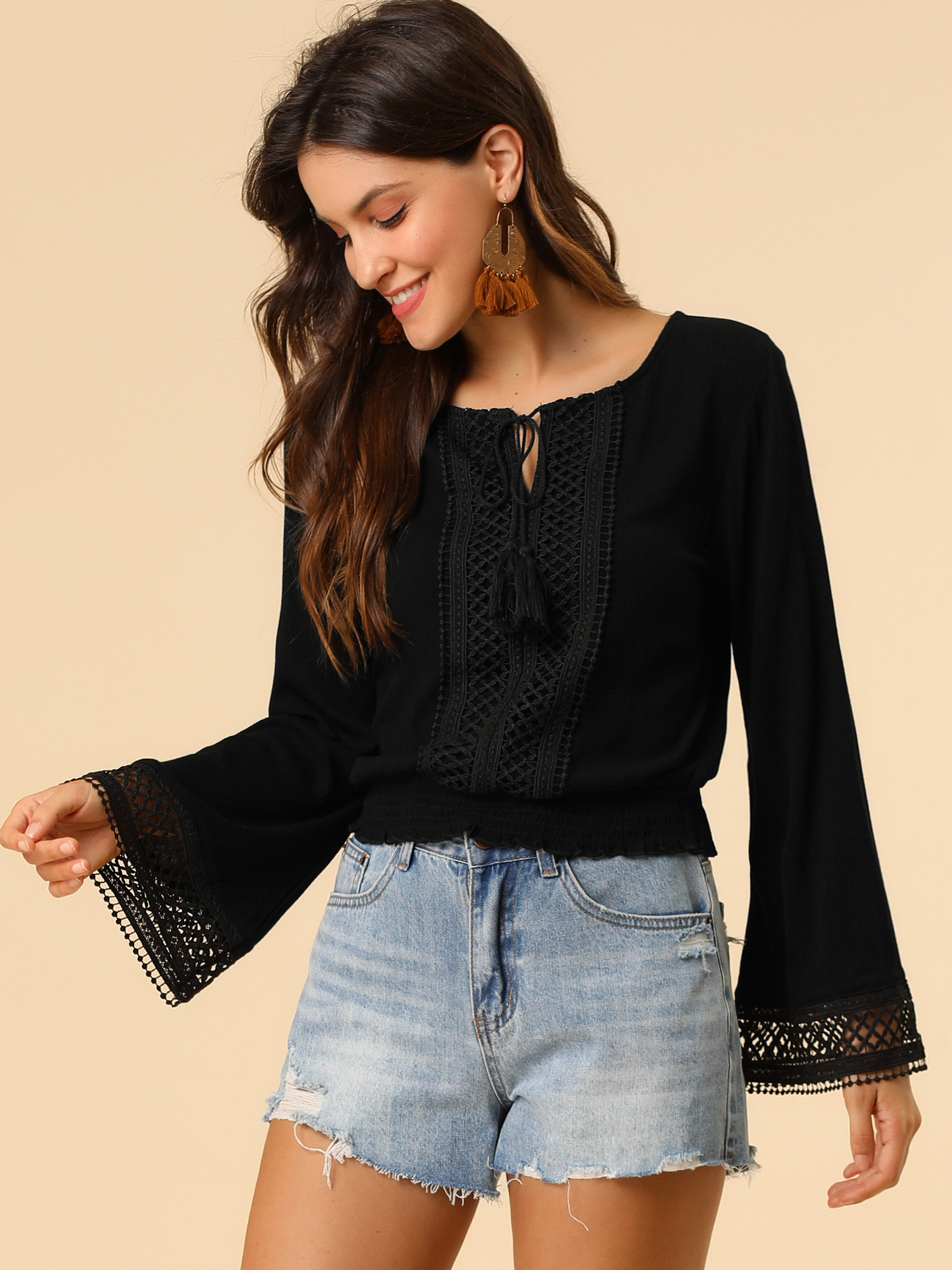 Boho Beach Blouse Bell Sleeve Lace Trim Tie Neck Peasant Smocked Top Black/L - Allegra K catalog