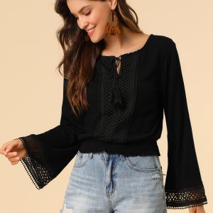 Boho Beach Blouse Bell Sleeve Lace Trim Tie Neck Peasant Smocked Top Black/XL - Allegra K catalog
