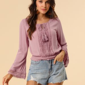 Boho Beach Blouse Bell Sleeve Lace Trim Tie Neck Peasant Smocked Top Dusty Pink/M - Allegra K catalog