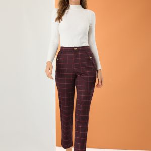 Tartan Plaid Pants Elastic Waist Straight Long Trousers Burgundy/L - Allegra K catalog