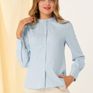 Mandarin Collar Long Sleeve Button Down Office Shirt Light Blue/XS - Allegra K catalog