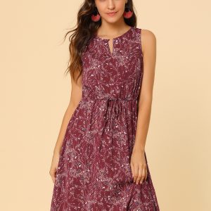 Floral Drawstring Waist Sleeveless A-Line Midi Dress Sundress Burgundy/XL - Allegra K catalog