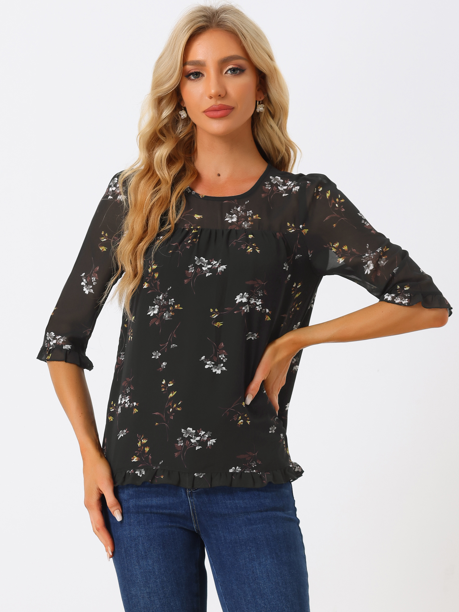 Casual Ruffle Floral Print 3/4 Sleeve Chiffon Blouse Black/XS - Allegra K catalog