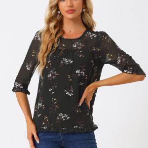 Casual Ruffle Floral Print 3/4 Sleeve Chiffon Blouse Black/L - Allegra K catalog