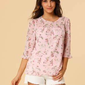 Casual Ruffle 3/4 Sleeve Floral Print Chiffon Blouse Pink Orange/S - Allegra K catalog