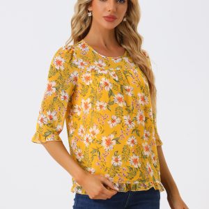 Casual Ruffle 3/4 Sleeve Floral Print Chiffon Blouse Yellow/M - Allegra K catalog