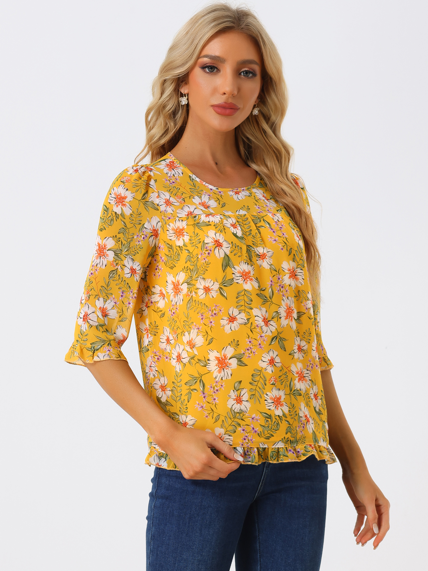 Casual Ruffle 3/4 Sleeve Floral Print Chiffon Blouse Yellow/M - Allegra K catalog