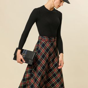 Christmas Tartan Plaid High Waist Belted Vintage A-Line Midi Skirt Dark Blue/2XL - Allegra K catalog