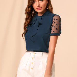 Bow Tie V Neck Stand Collar Short Mesh Sleeve Blouse Navy Blue/M - Allegra K catalog