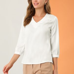 Casual Office Blouse 3/4 Sleeve V Neck Satin Shirt White/L - Allegra K catalog