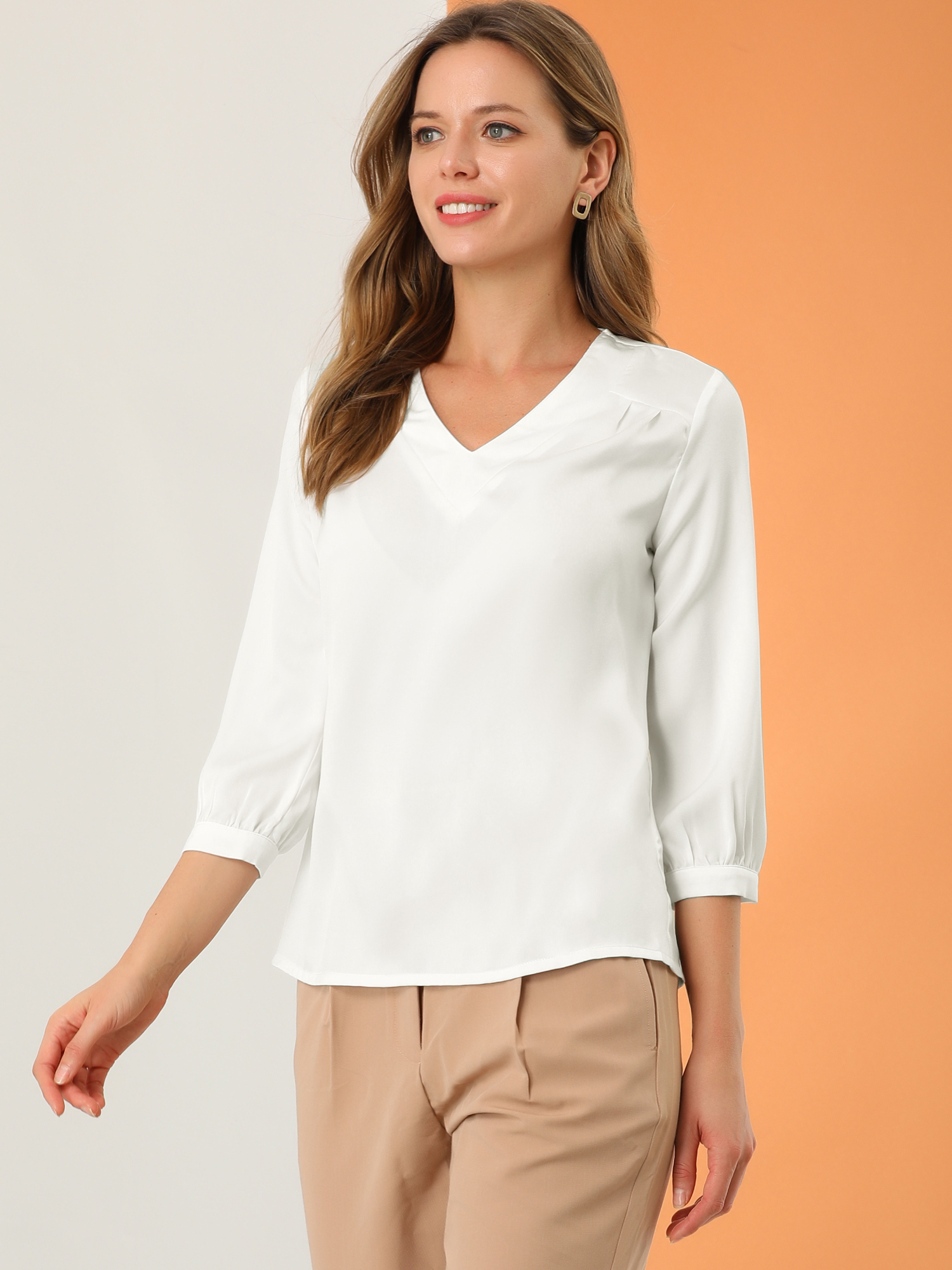 Casual Office Blouse 3/4 Sleeve V Neck Satin Shirt White/XL - Allegra K catalog