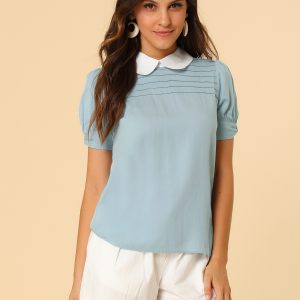 Pleated Contrast Peter Pan Collar Puff Short Sleeve Blouse Blue/L - Allegra K catalog
