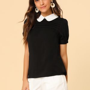 Pleated Contrast Peter Pan Collar Puff Short Sleeve Blouse Black/XS - Allegra K catalog