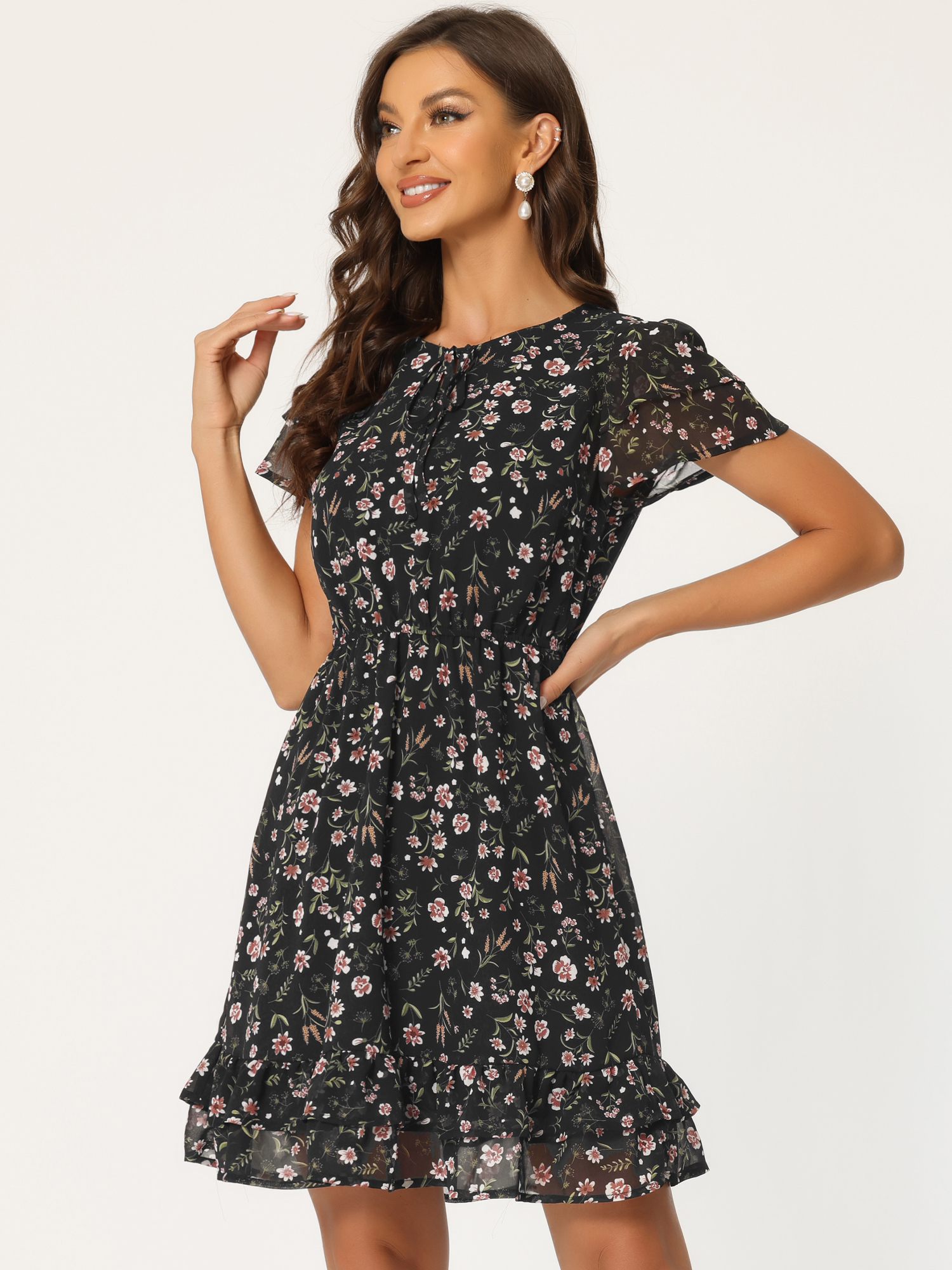 Ruffle Sleeve V Neck Above Knee A-Line Floral Chiffon Dress Black/XS - Allegra K catalog