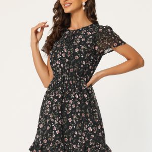 Ruffle Sleeve V Neck Above Knee A-Line Floral Chiffon Dress Black/S - Allegra K catalog